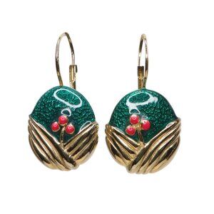 Vintage AGO Hallmarked Enamel Earrings Green Red Botanical Gold Tone Leverback
